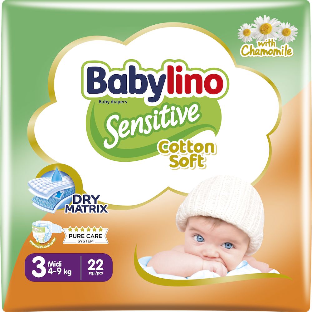 Babylino Sensitive Cotton Soft, Pannolini Taglia 3, Midi (4-9kg), 22 Unità