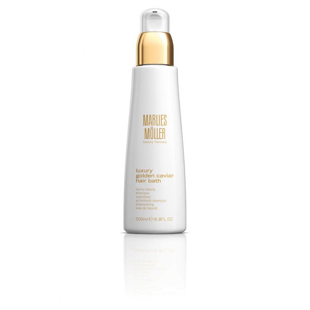 Flacone bianco con tappo dorato. Scritta: Marlies Möller, Luxury Golden Caviar Hair Bath. 200ml/6.8FL.OZ.