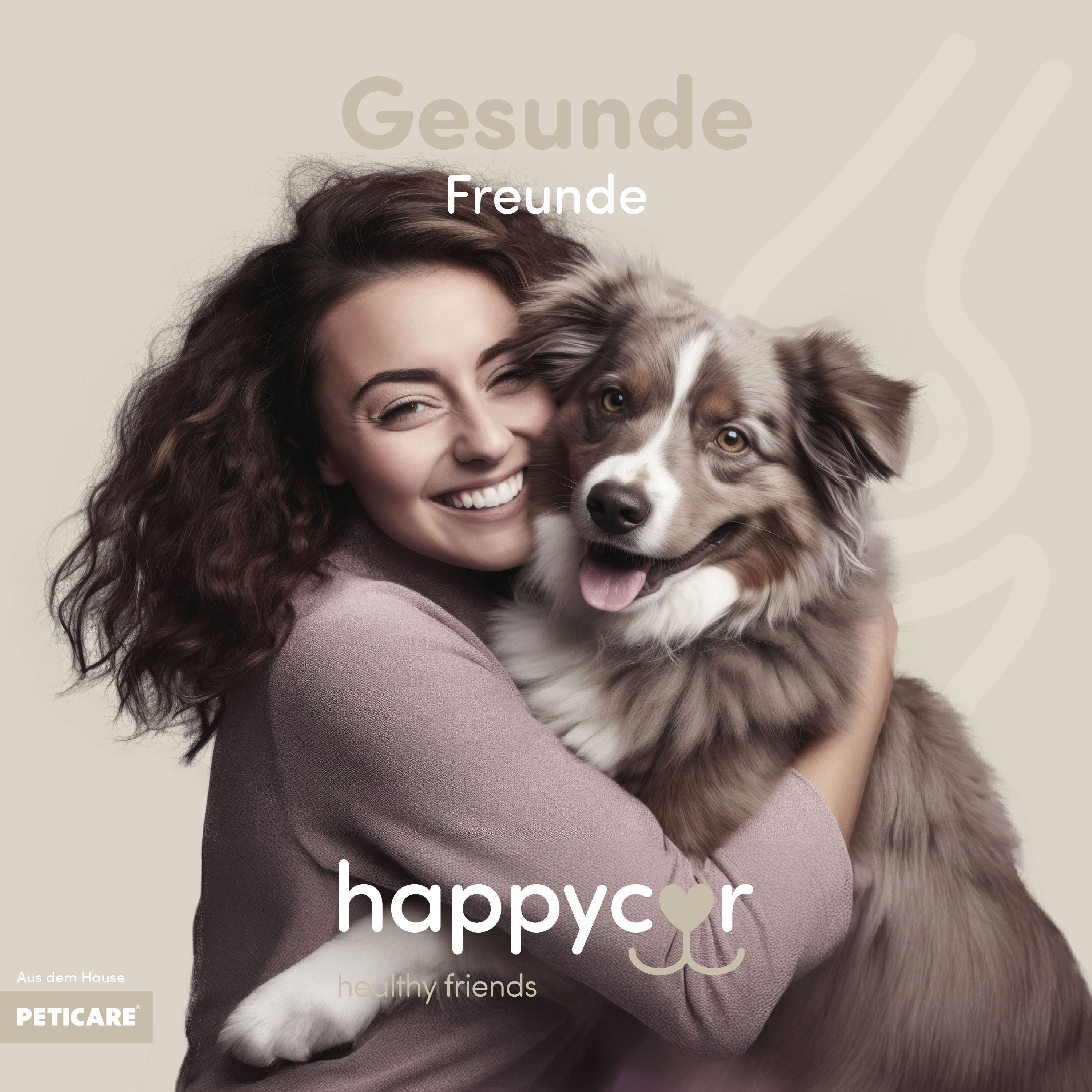 Donna abbraccia cane. Scritta: happycor, healthy friends. Logo: PETICARE.