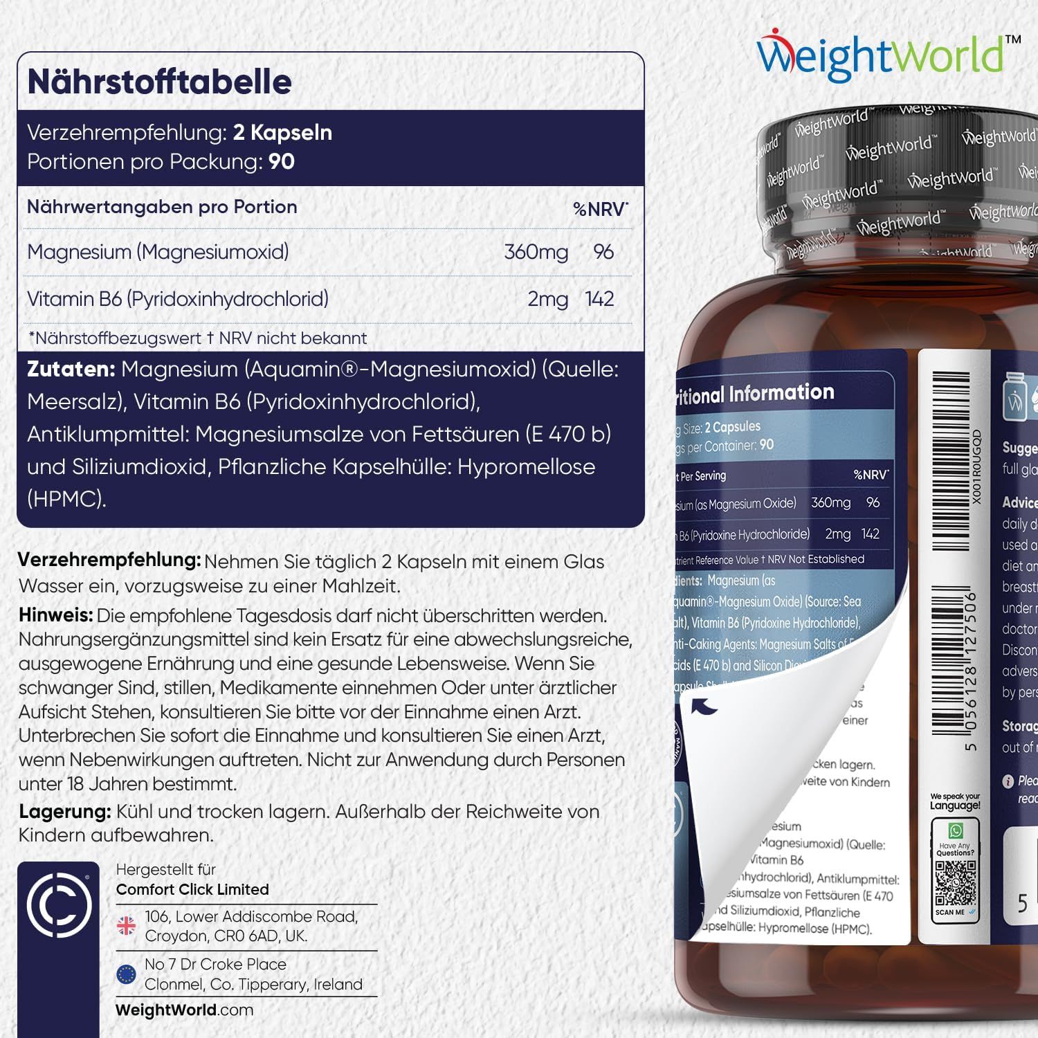 Primo piano del flacone di WeightWorld Meeres-Magnesium. Tabella nutrizionale e ingredienti visibili.