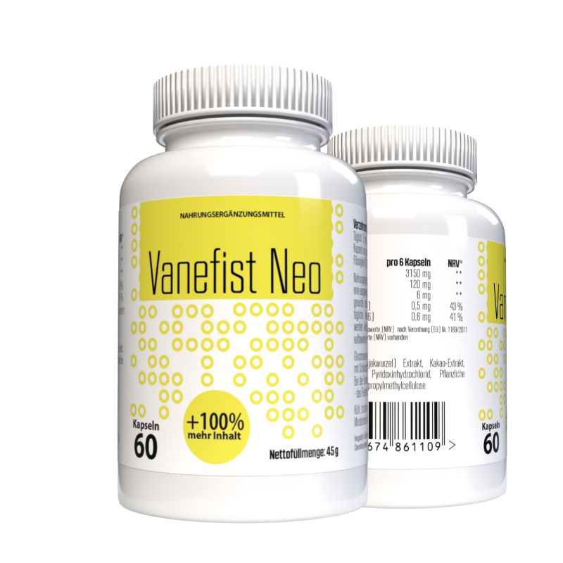 Due flaconi bianchi con etichette gialle. Scritta: Vanefist Neo, 60 capsule, +100% di contenuto in più. Integratore alimentare. Informazioni nutrizionali sul retro.