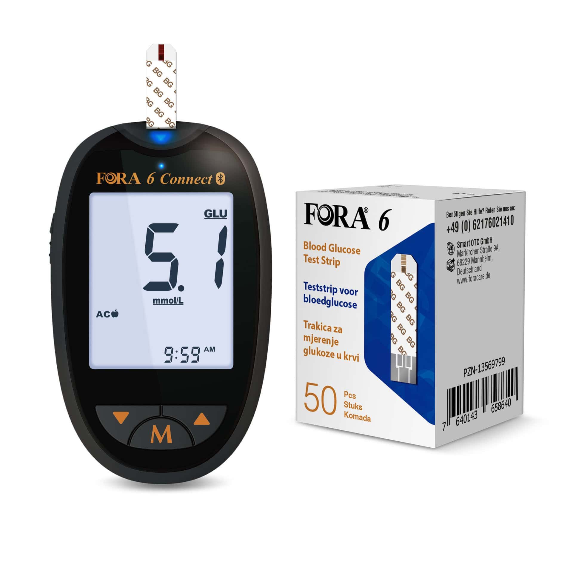 Misuratore glicemia FORA 6 Connect con confezione di strisce reattive (mmol/L).
