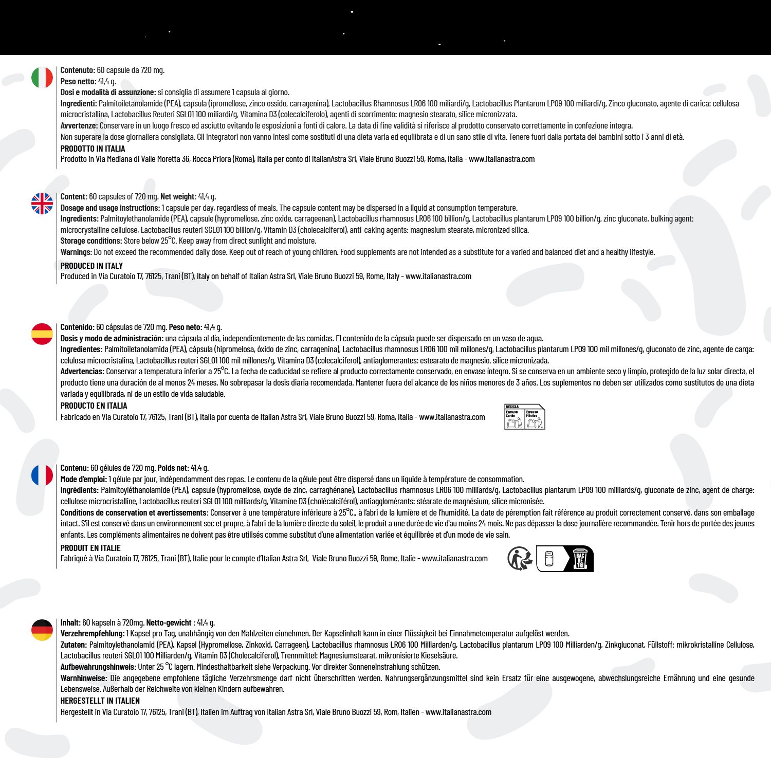 Testo multilingue sulla composizione delle capsule PEAFEN. Contiene informazioni sugli ingredienti, il dosaggio e la conservazione.