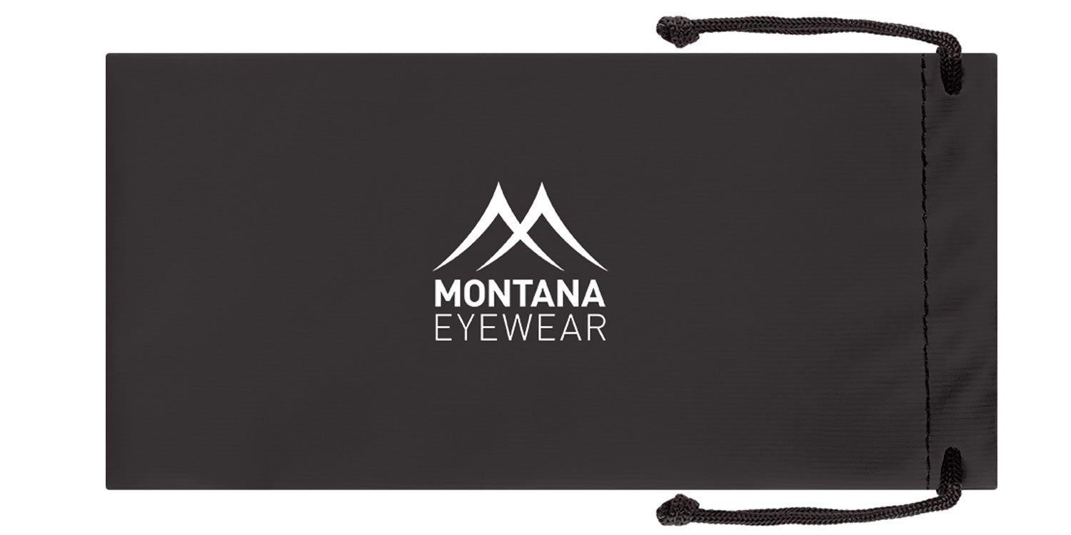 Custodia nera per occhiali con logo Montana Eyewear. Coulisse per la chiusura.