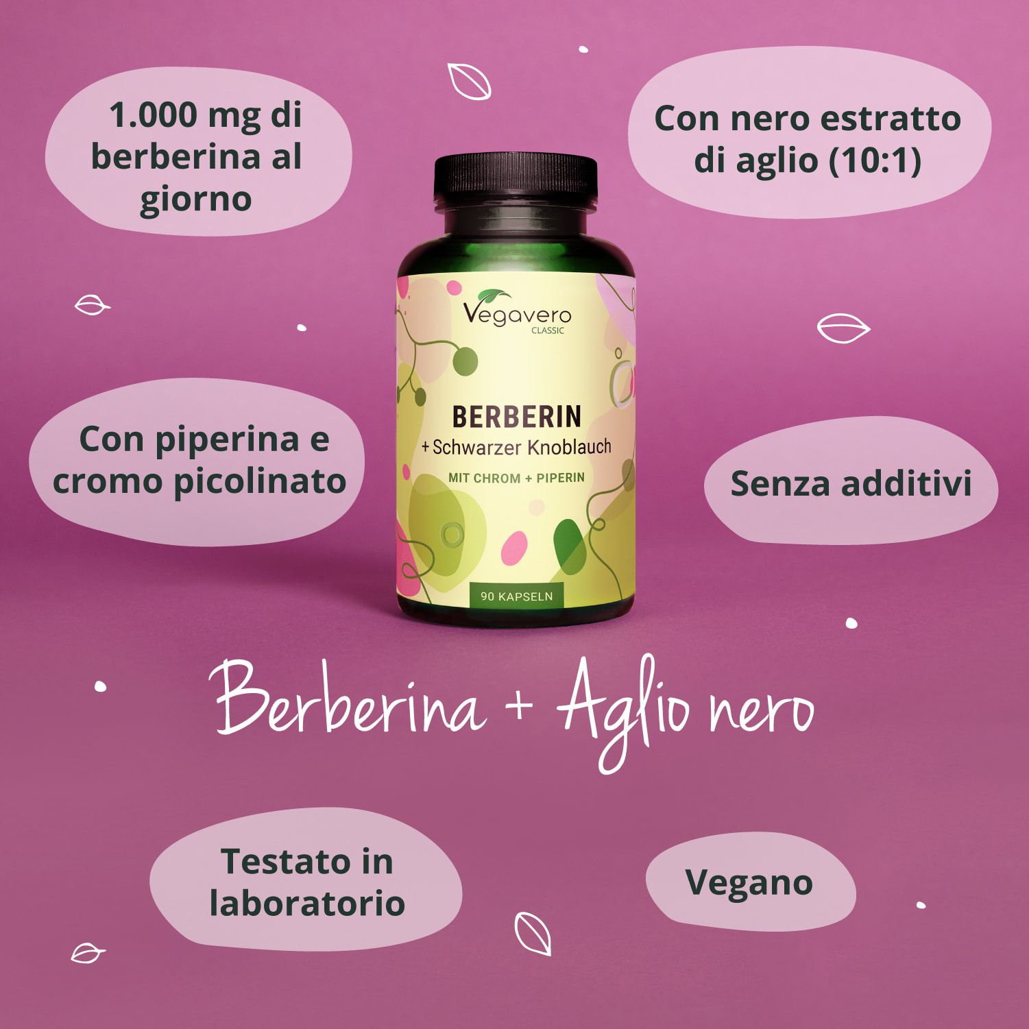 Flacone di capsule, Berberina + Aglio nero. Informazioni aggiuntive: 1.000 mg di berberina, senza additivi, vegano.