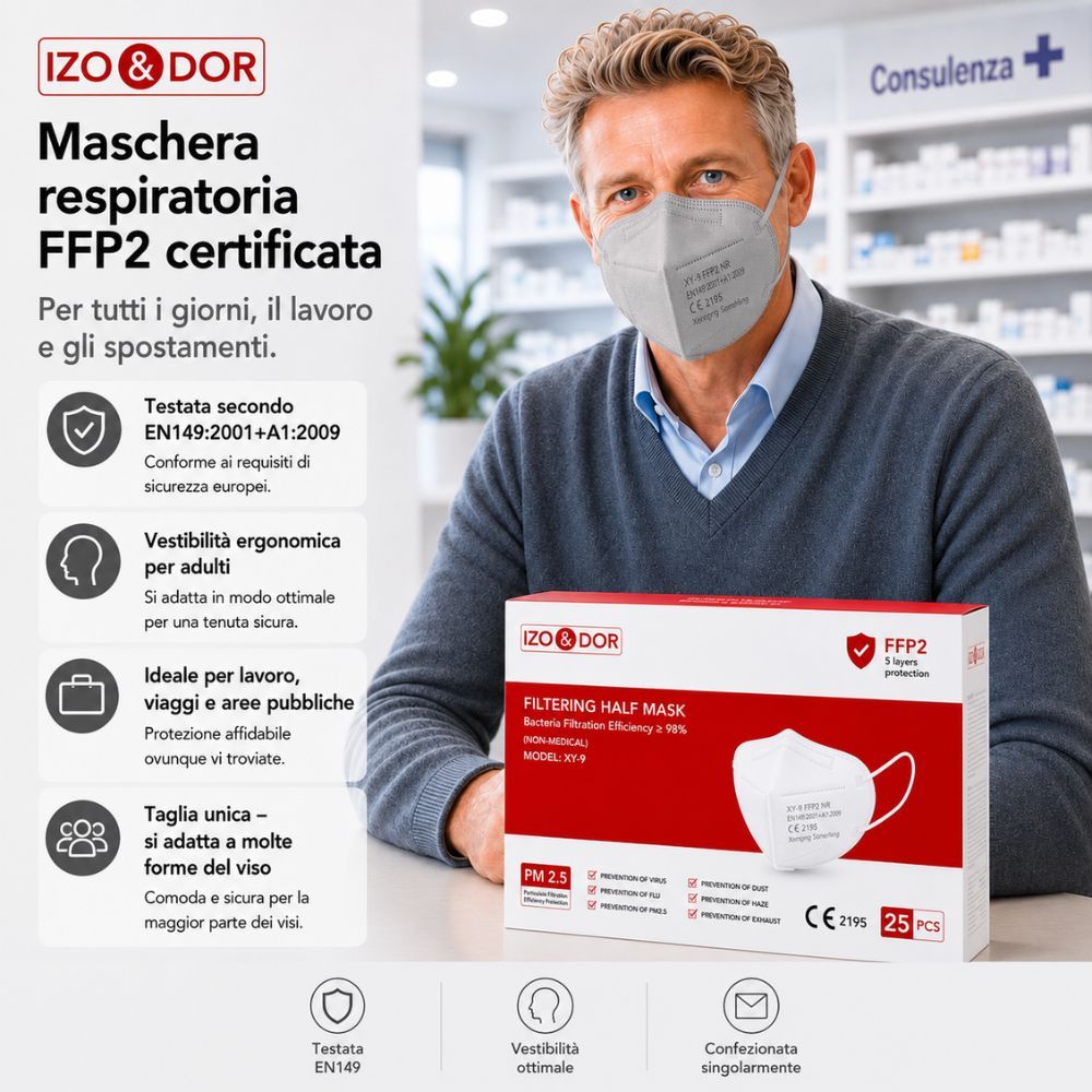 Uomo con maschera FFP2 in farmacia; caratteristiche: certificata EN149, ergonomica, confezionata singolarmente.