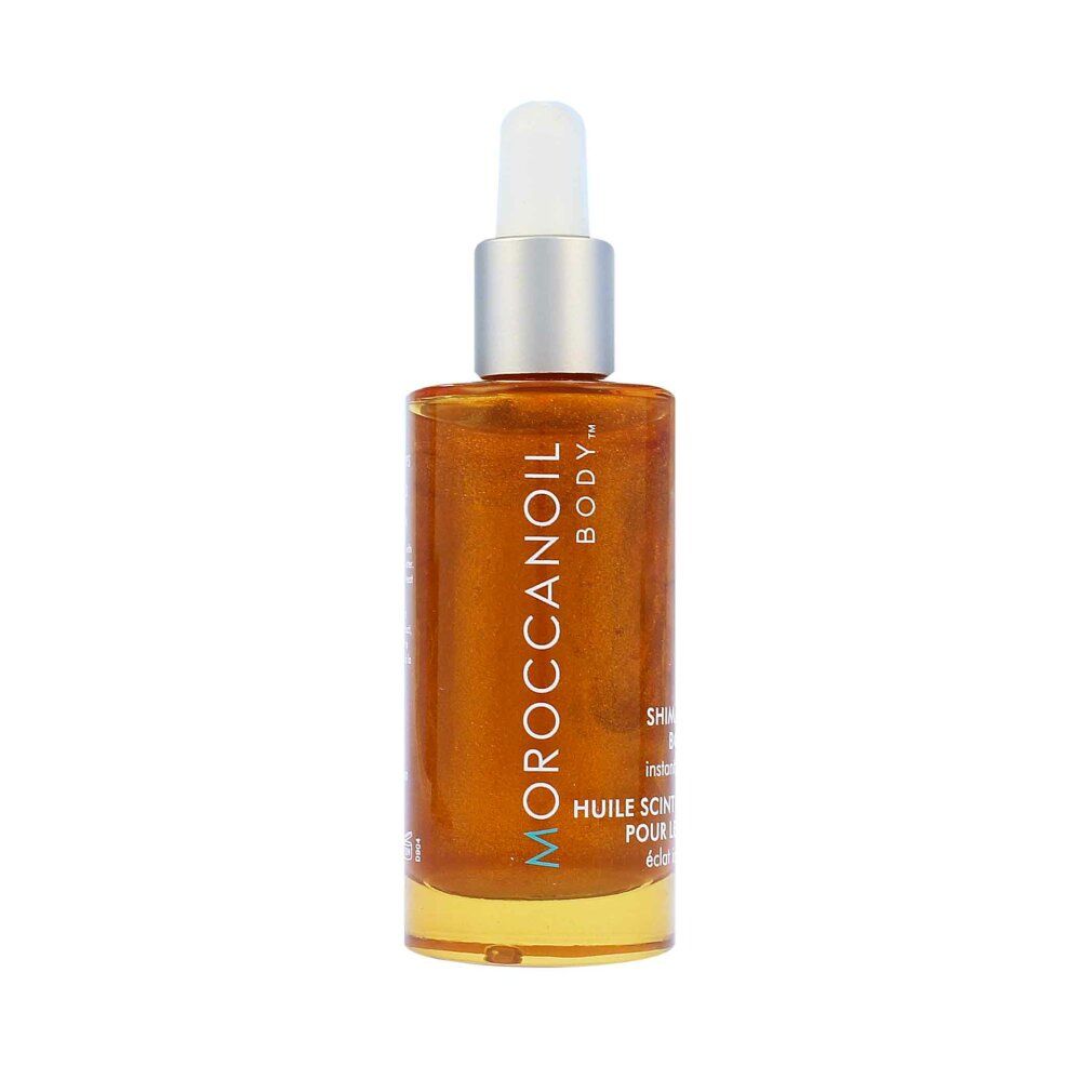 Flacone di olio Moroccanoil Body con contagocce. Liquido marrone con lucentezza. Nome del prodotto e dettagli stampati sul flacone.