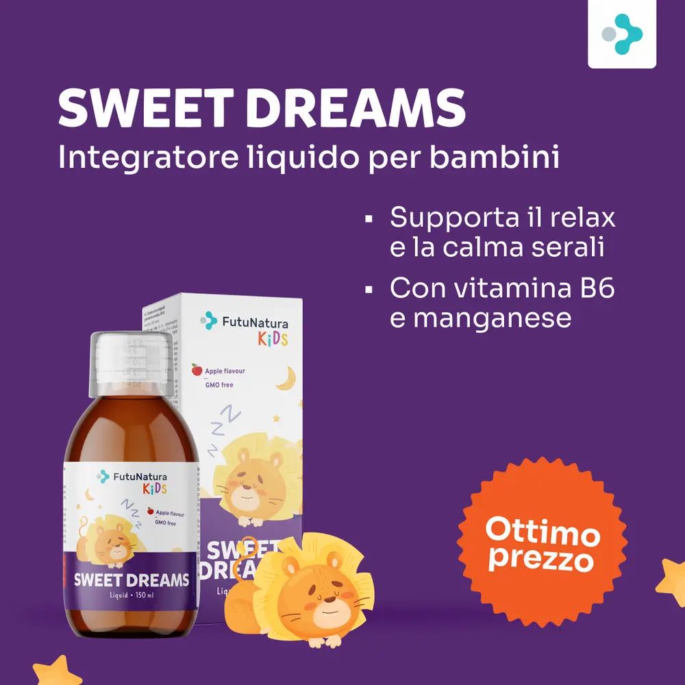 Flacone e confezione Sweet Dreams. Testo: Integratore liquido per bambini. Supporta il relax e la calma.
