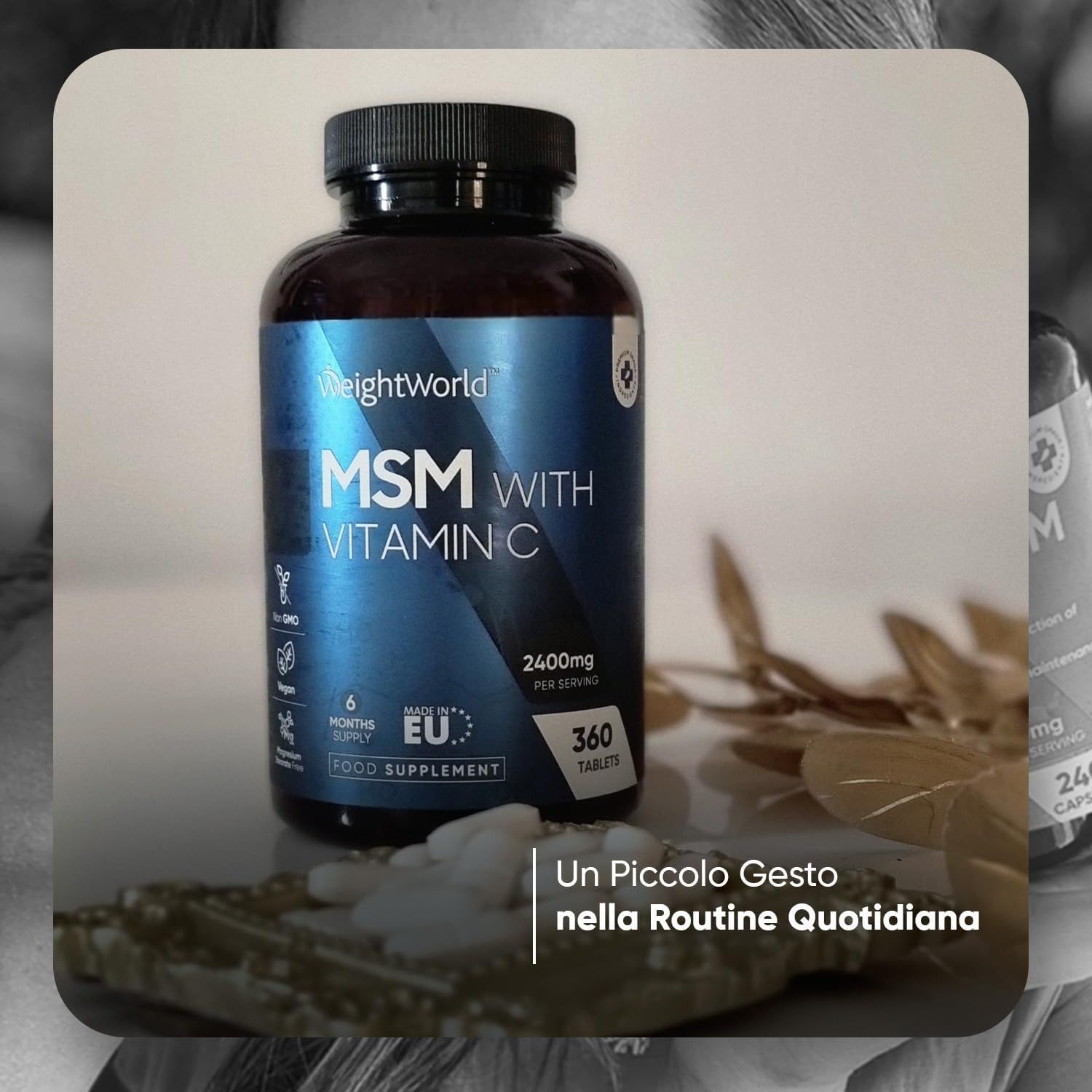 Flacone MSM WITH VITAMIN C. 360 compresse. Sigillo UE. Testo: 2400mg.
