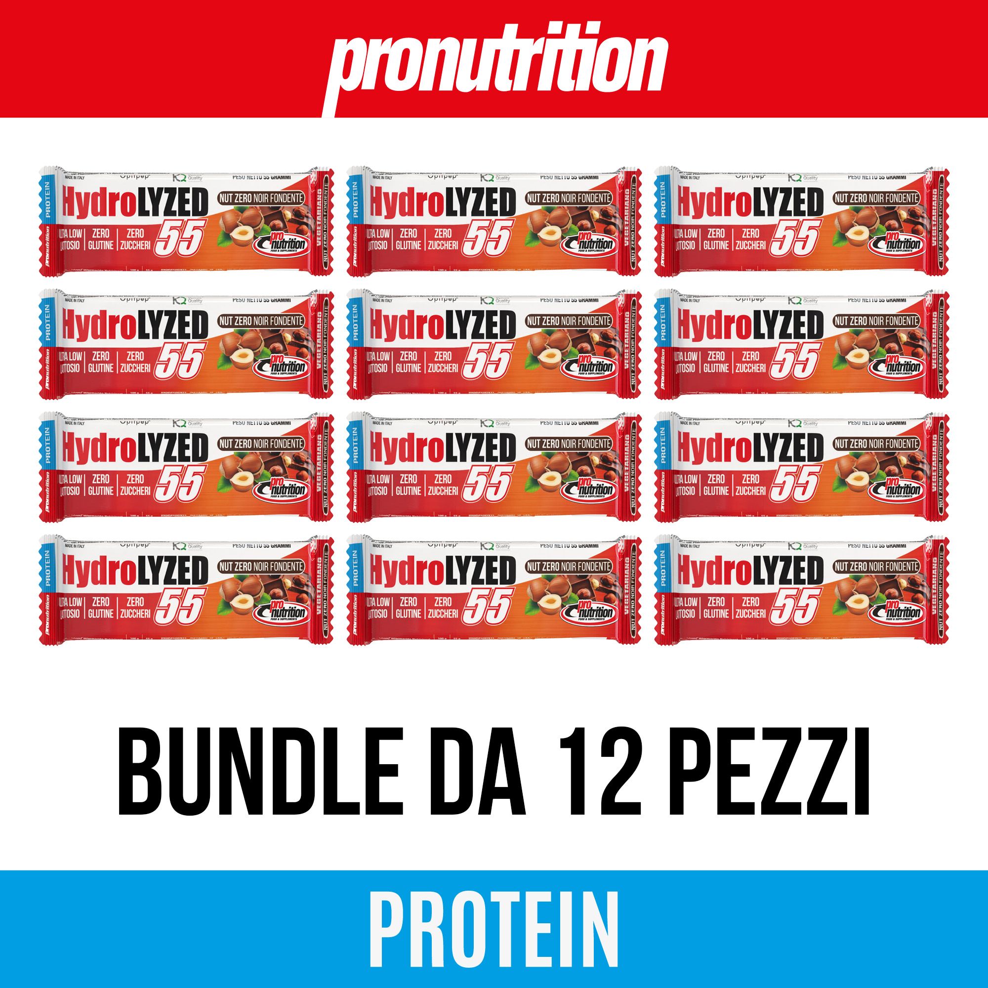 Confezione da 12 barrette proteiche. Scritte: Hydrolyzed 55, Zero, Senza glutine, Senza lattosio. Marchio: Pronutrition. Bundle da 12 pezzi.