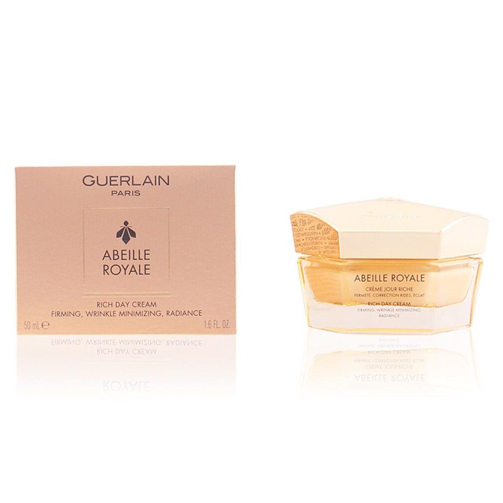 Vasetto di crema e scatola. Vasetto con coperchio dorato. Scatola con logo Abeille Royale. Testo: Rich Day Cream, firming, wrinkle minimizing, radiance.