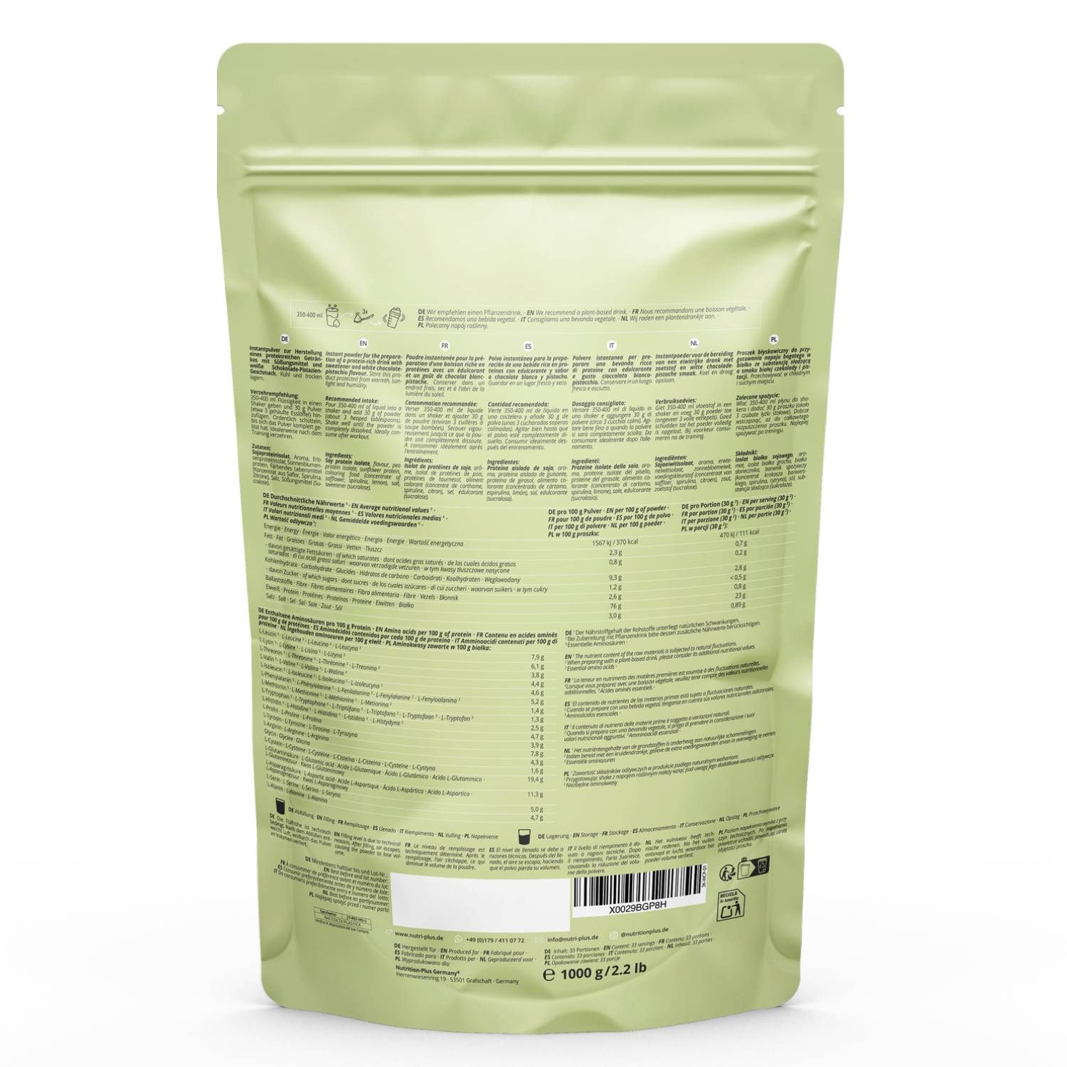 Retro della busta di proteine in polvere verde. Contiene informazioni nutrizionali, elenco ingredienti, informazioni produttore, codice a barre e certificazioni. 1000 g / 2.2 lb.