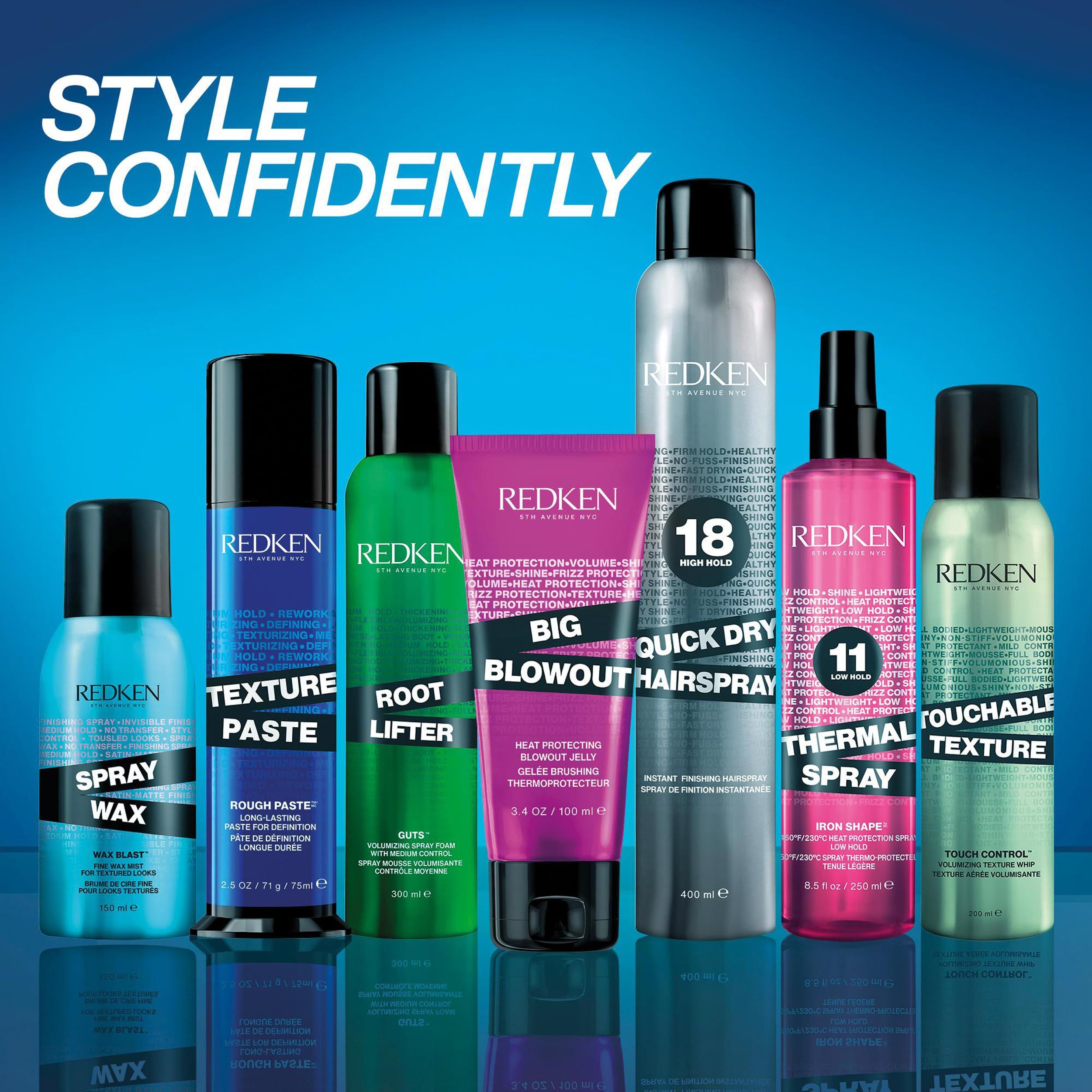 Gamma di prodotti Redken. Include Spray Wax, Texture Paste, Root Lifter, Big Blowout, Quick Dry Hairspray, Thermal Spray, Touchable Texture.