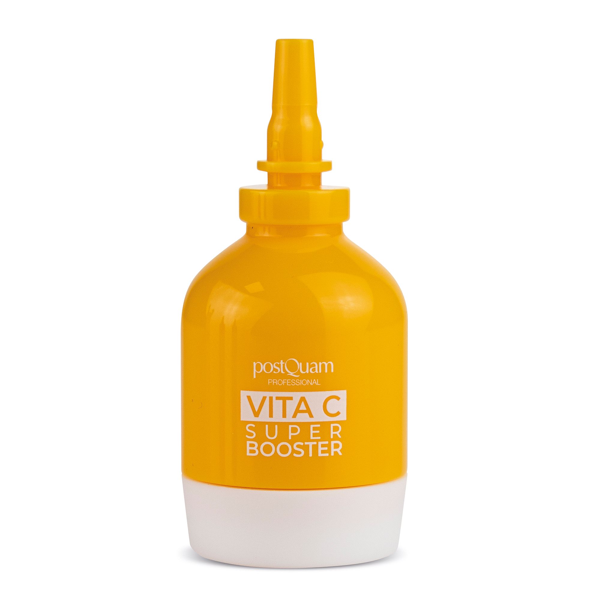 Flacone giallo e bianco. Scritta: Postquam Vita C Super Booster. Senza applicatore separato.