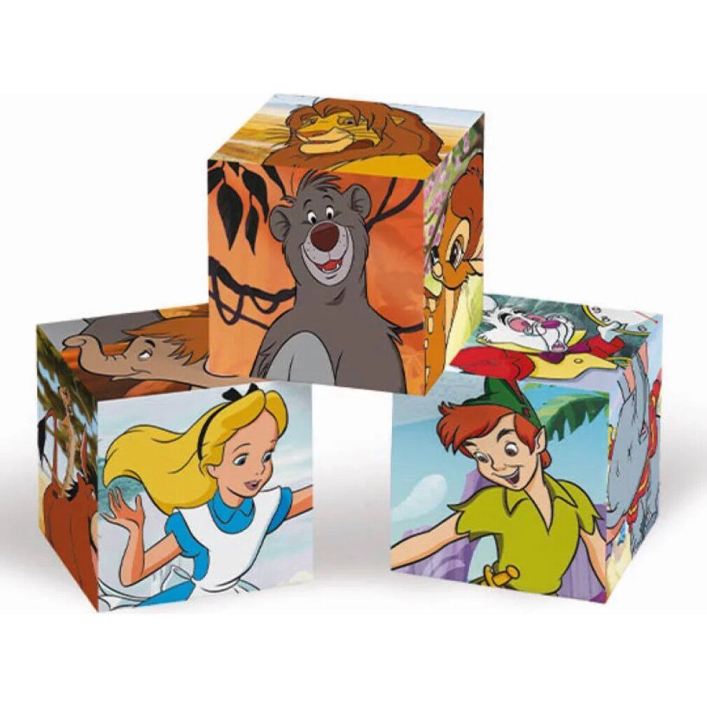 Tre cubi con personaggi Disney. Sui lati sono raffigurate scene con Baloo, Alice, Peter Pan e altri.