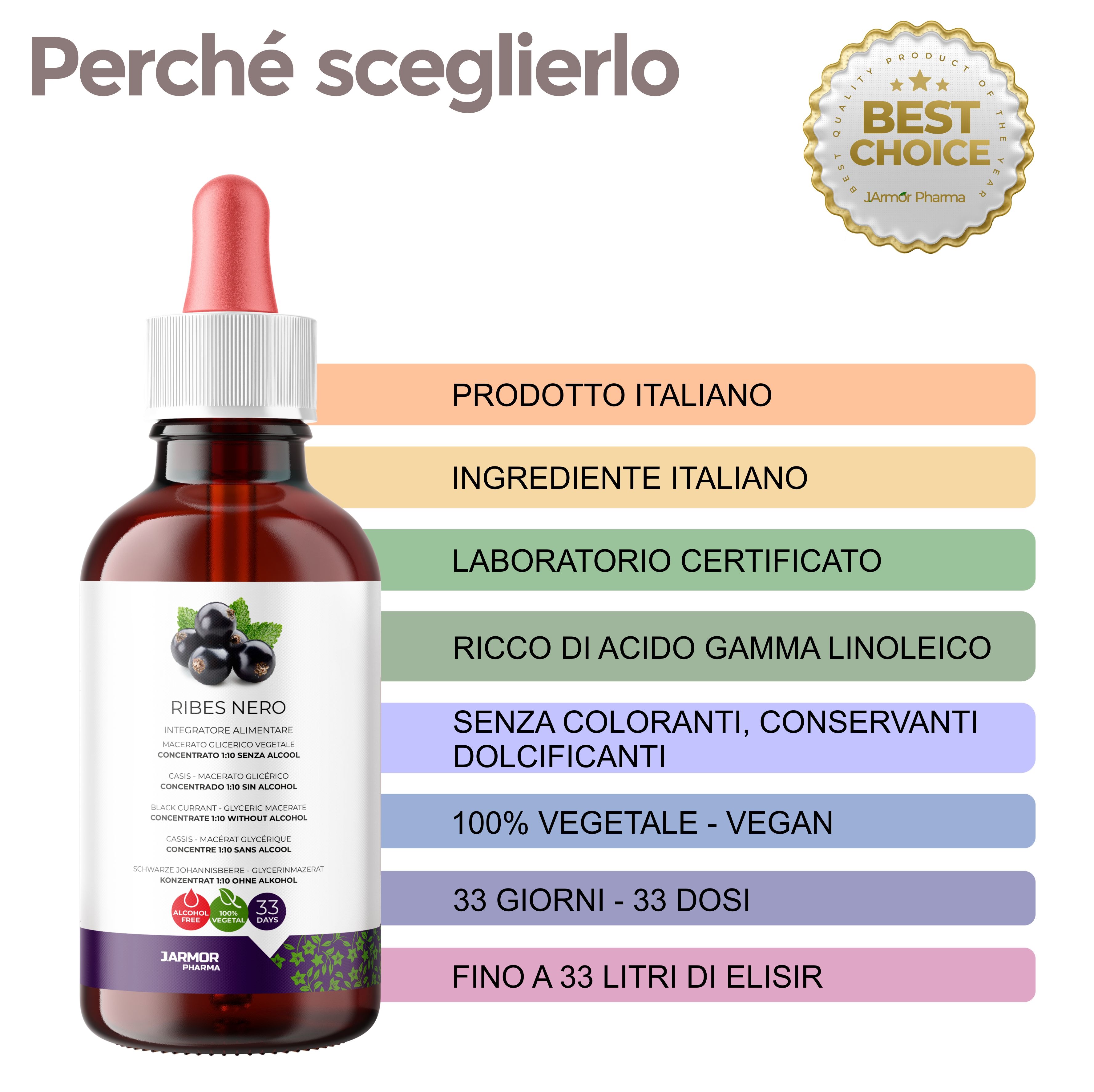 Flacone di vetro marrone con contagocce. Testo: Ribes Nero, J.Armor Pharma. Certificato. Scritta: 100% vegetale, 33 giorni.