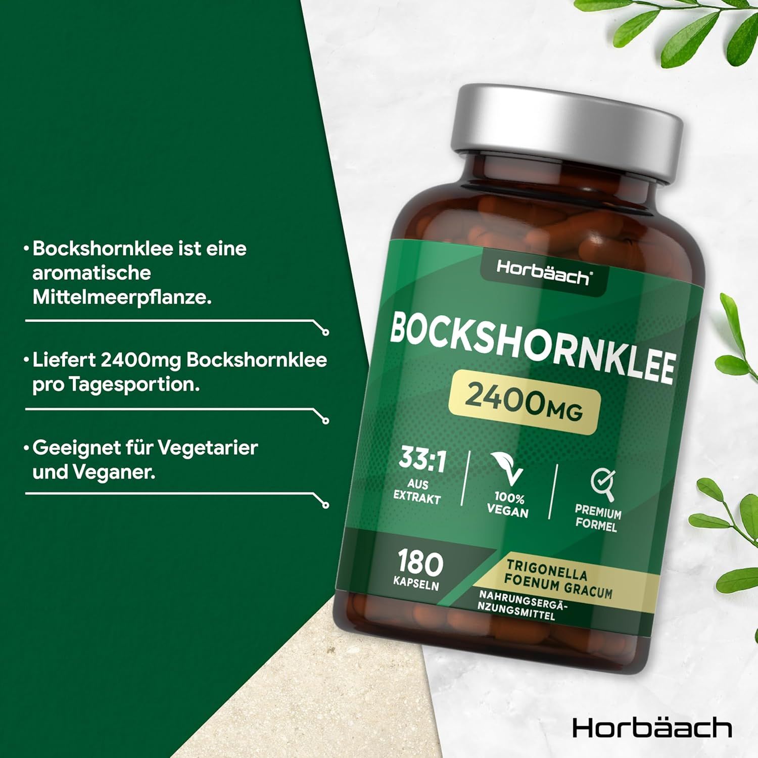 Flacone marrone con etichetta verde. Bockshornklee 2400mg, 180 capsule. Vegano. Testo accanto: Il fieno greco è una pianta mediterranea.