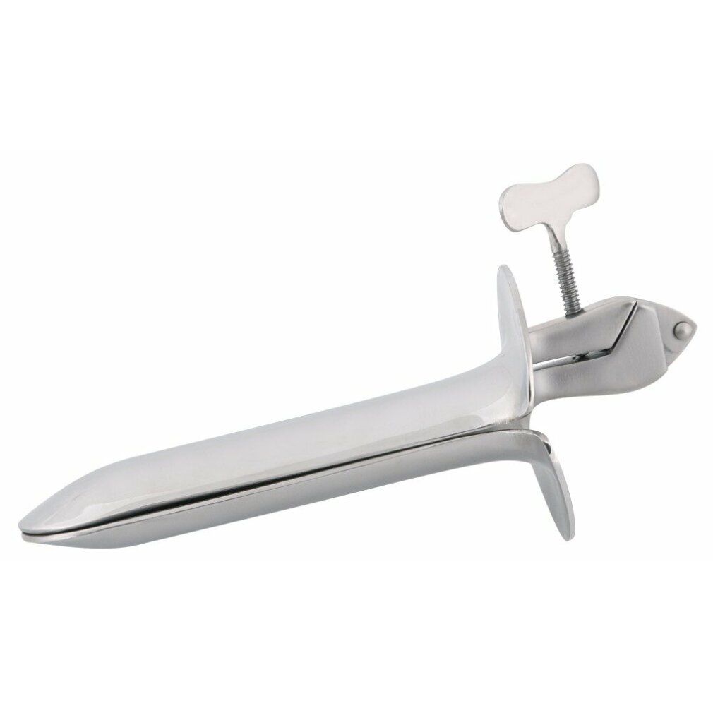 Speculum vaginale in acciaio inox. Metallo lucido. Con meccanismo a vite. Marchio visibile: DE LA MOTTE.