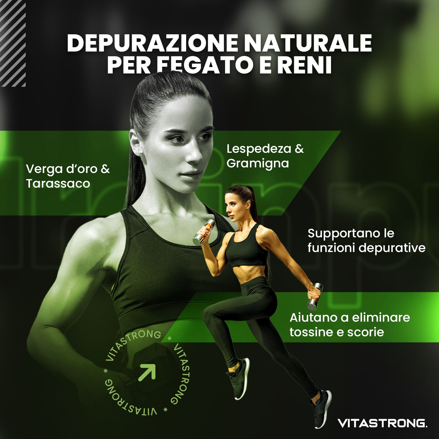 Una donna di profilo, una runner sullo sfondo. Testo: 'Depurazione naturale per fegato e reni'.