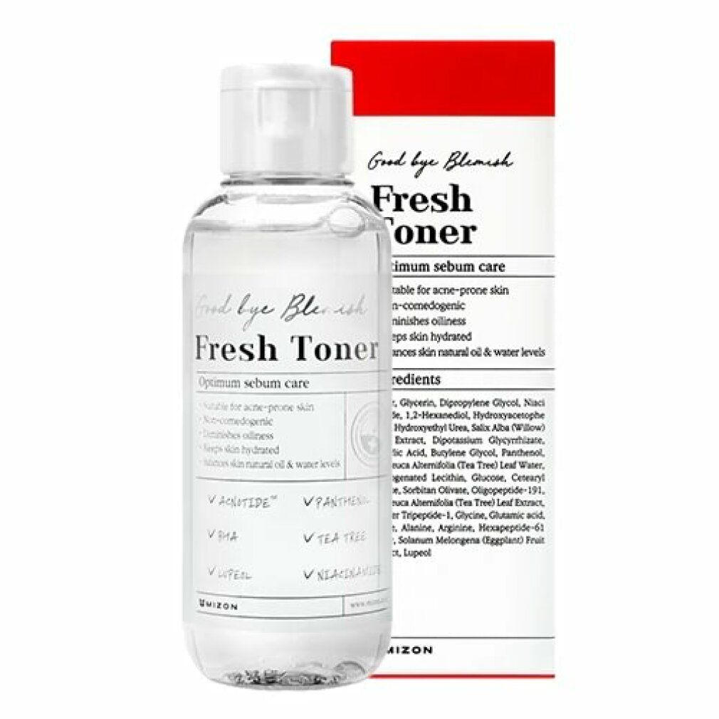 Flacone trasparente con tappo bianco e confezione rossa. Scritta: Fresh Toner. Contiene acqua e glicerina.
