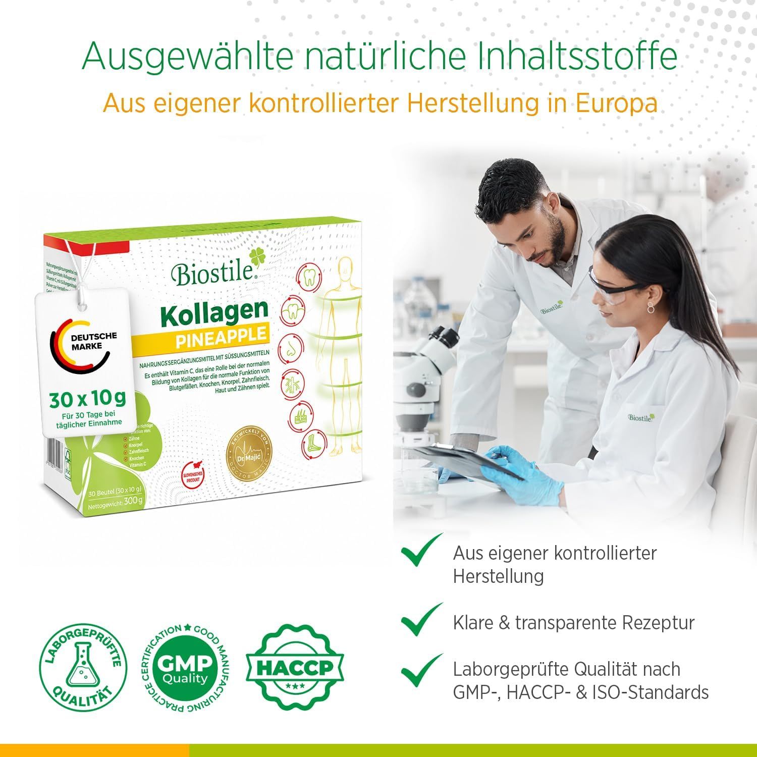 Biostile Collagen Pineapple: Confezione, tecnici di laboratorio, certificati.