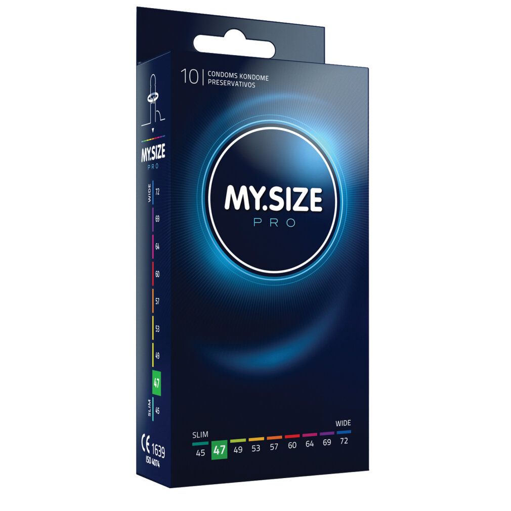 Confezione di preservativi MY.SIZE PRO, misura 47mm. 10 pezzi. Marchio CE.