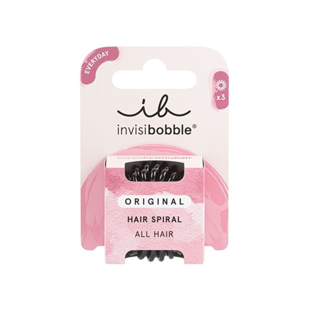 Confezione con tre elastici per capelli neri a spirale. Marchio 'invisibobble'. Nome prodotto 'ORIGINAL HAIR SPIRAL'.