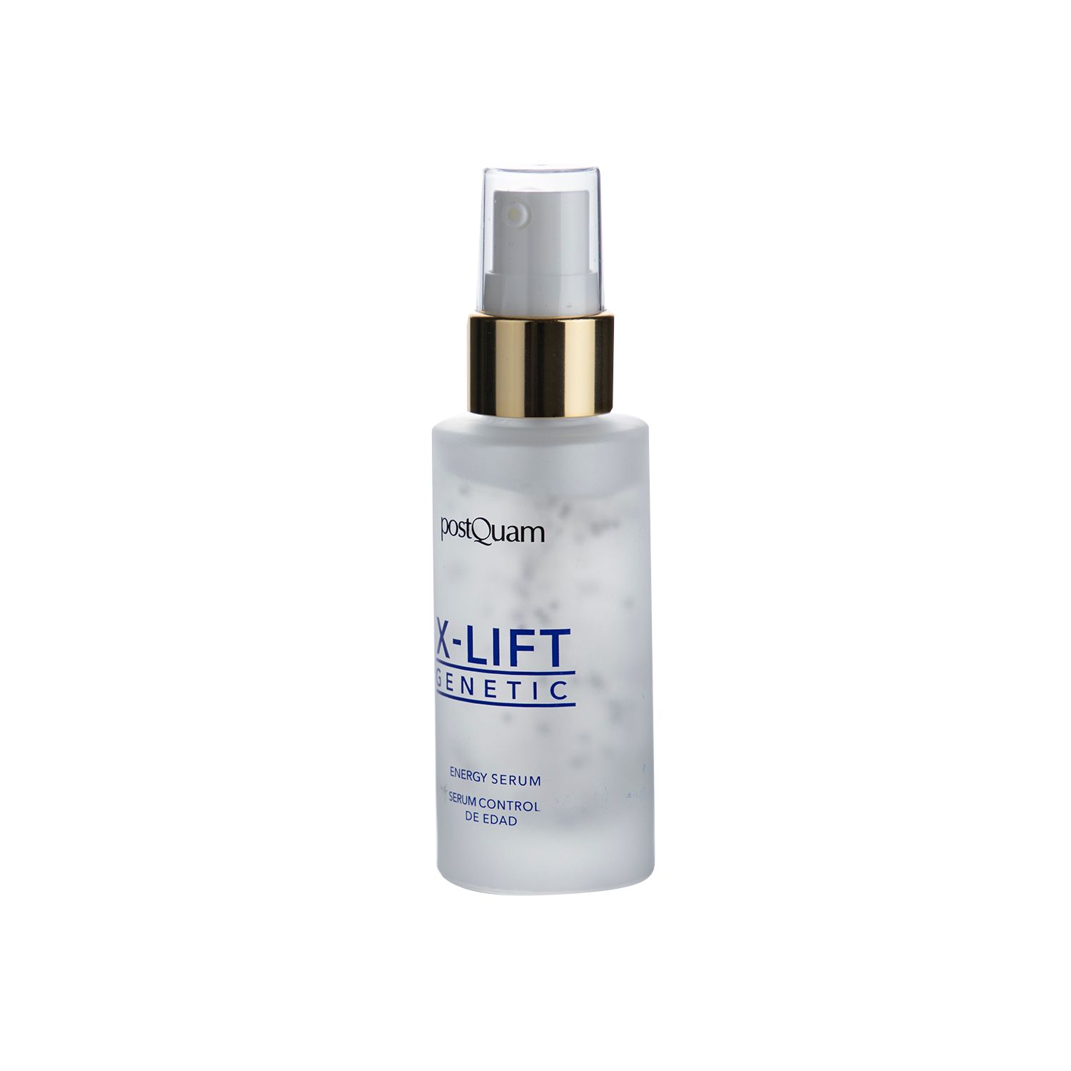 Flacone di siero con vaporizzatore. Scritta: X-Lift Genetic Energy Serum. Flacone trasparente con particelle bianche.