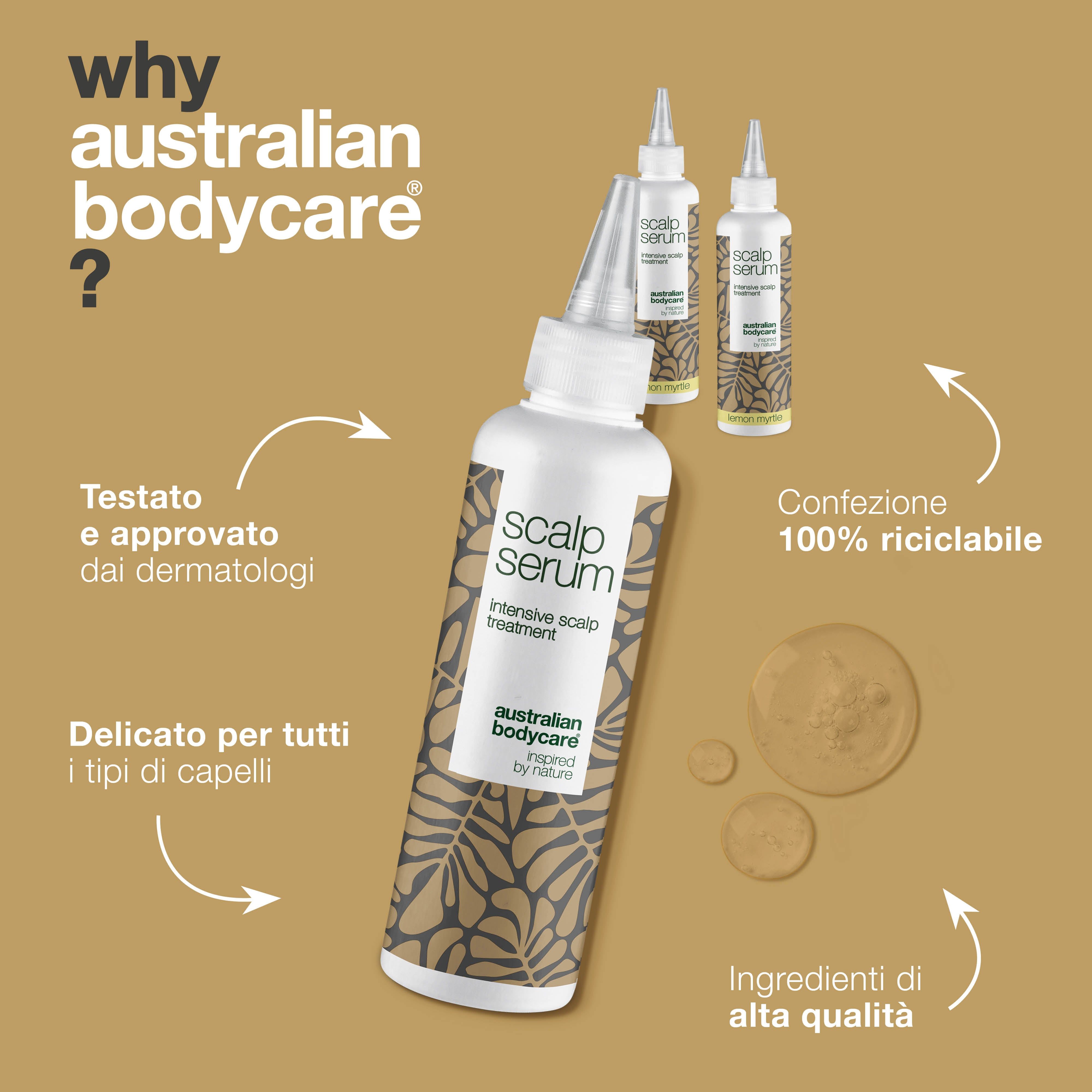 Un flacone Scalp Serum e due sullo sfondo. Testo: Testato e approvato dai dermatologi. Confezione riciclabile al 100%.