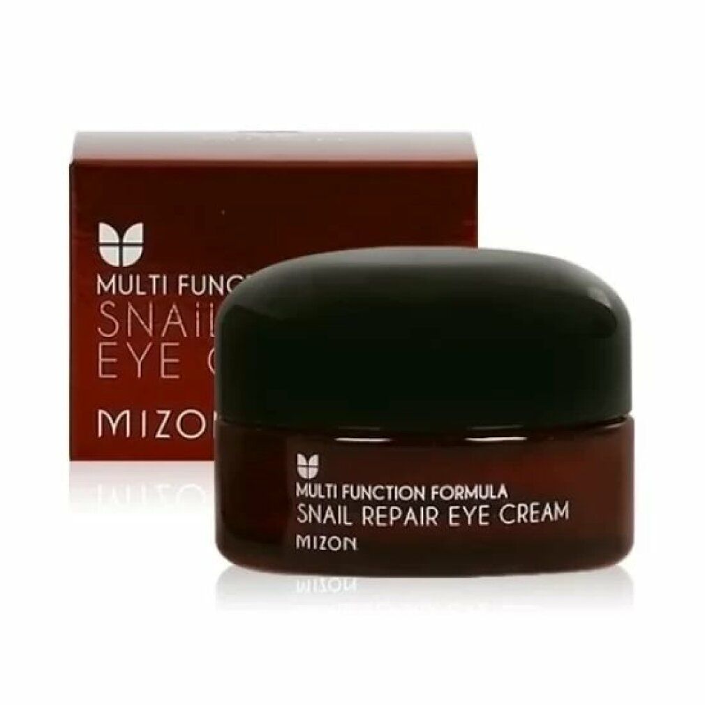 Vasetto di vetro marrone con coperchio nero e confezione. Scritta: Multi Function Formula Snail Repair Eye Cream MIZON.