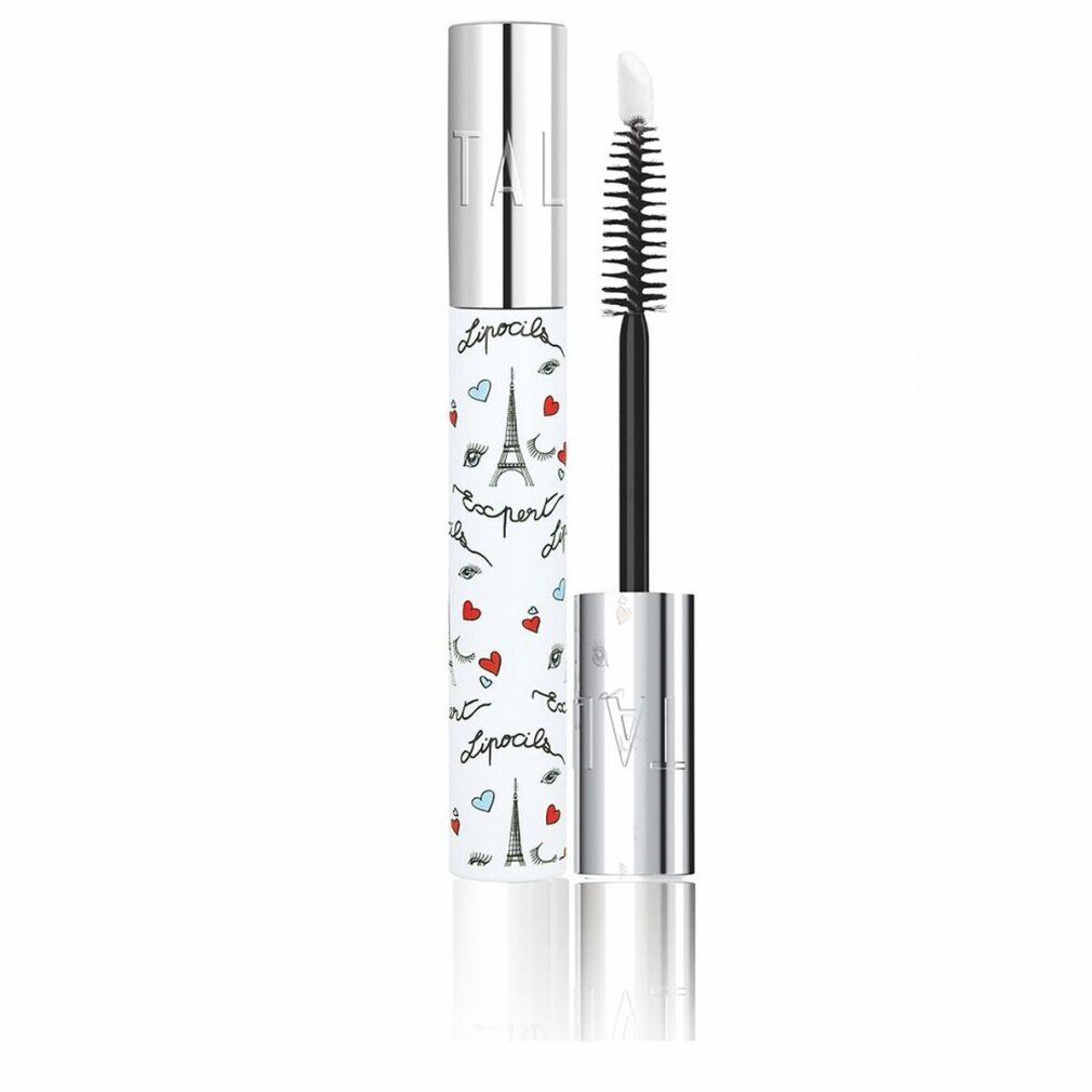 Confezione cosmetica cilindrica con tappo argentato e applicatore. Stampa cuori, occhi e Torre Eiffel.