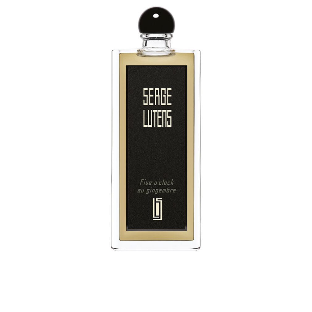 Flacone di profumo rettangolare con etichetta nera. Scritta: Serge Lutens, Five o'clock au gingembre. Tappo nero.
