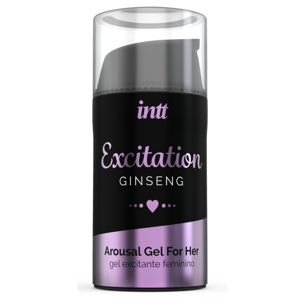 Flacone cilindrico nero con scritta: intt Excitation GINSENG. Arousal Gel For Her. Con dosatore e tappo trasparente.
