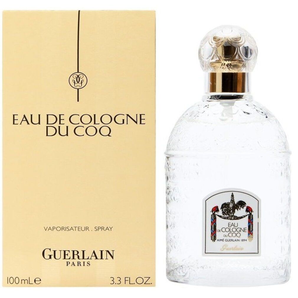 Flacone e confezione. Confezione beige con testo. Flacone con tappo dorato. Eau de Cologne du Coq.
