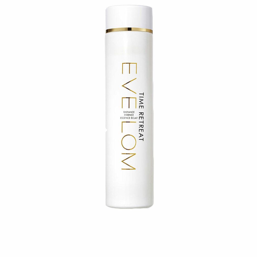 Flacone bianco con scritta dorata: EVE LOM, TIME RETREAT, RADIANCE ESSENCE ÉCLAT. Anello dorato sul tappo.