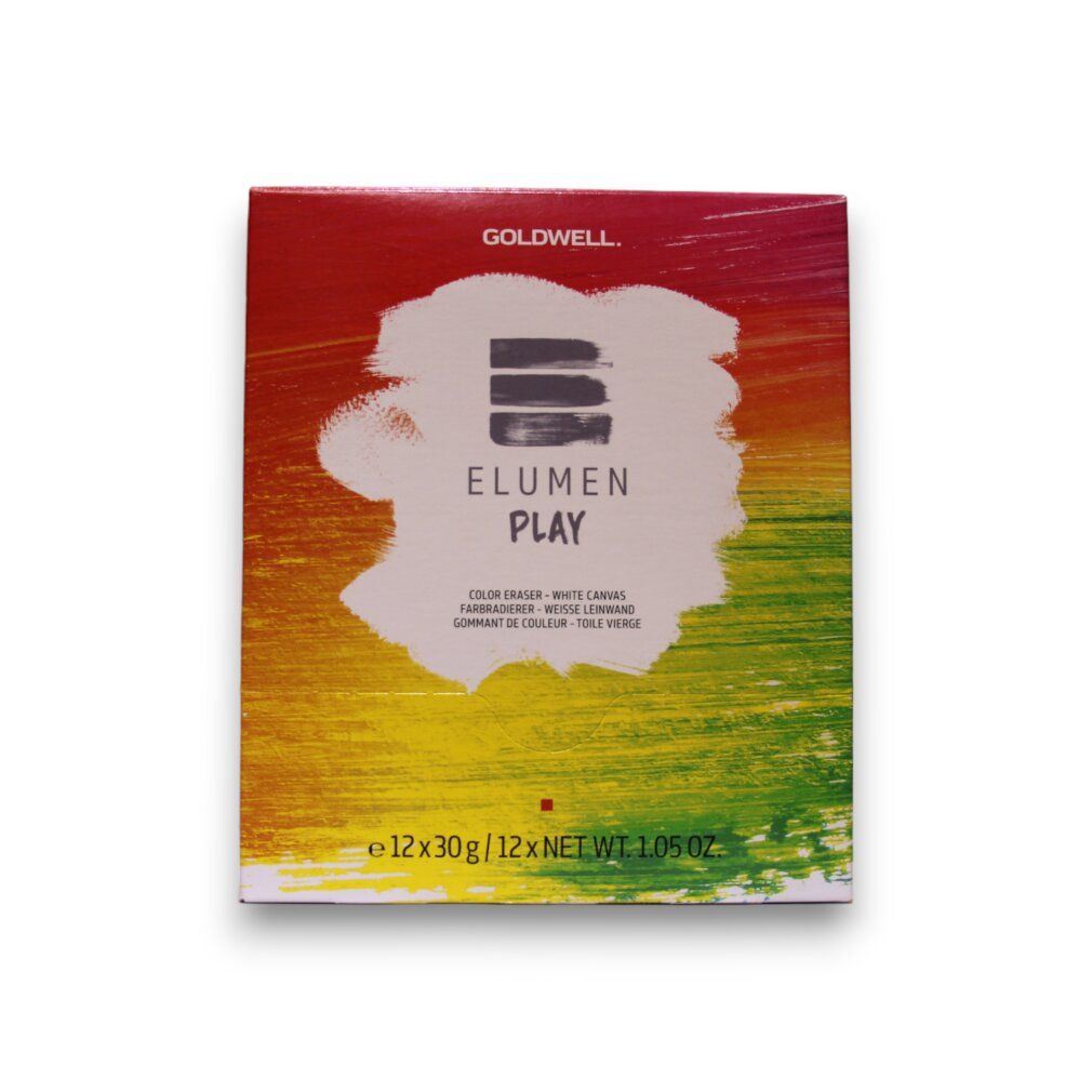 Confezione Goldwell Elumen Play. 12 x 30g. Macchie di vernice gialle, verdi, rosse. Scritta Elumen Play.