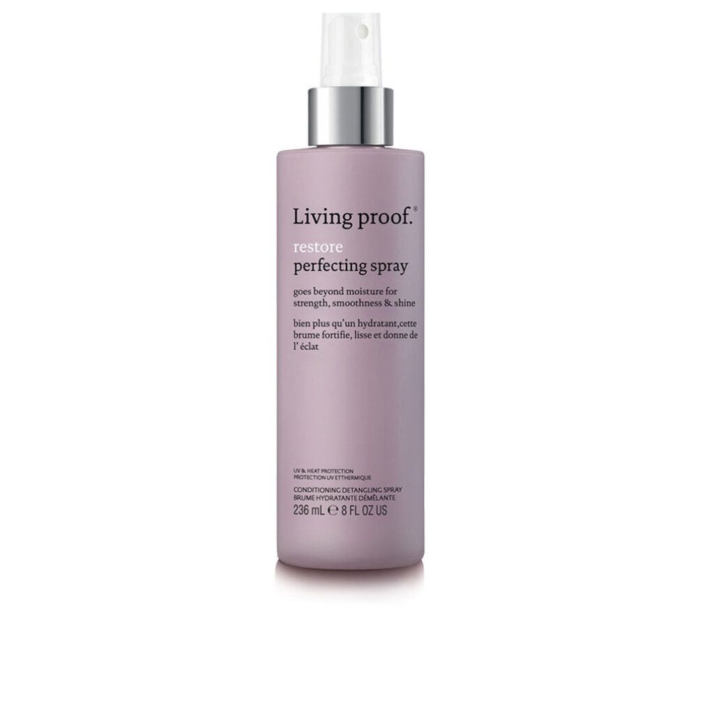 Flacone spray. Scritta: Living Proof restore perfecting spray. Colore: Lilla. Testo in inglese e francese.