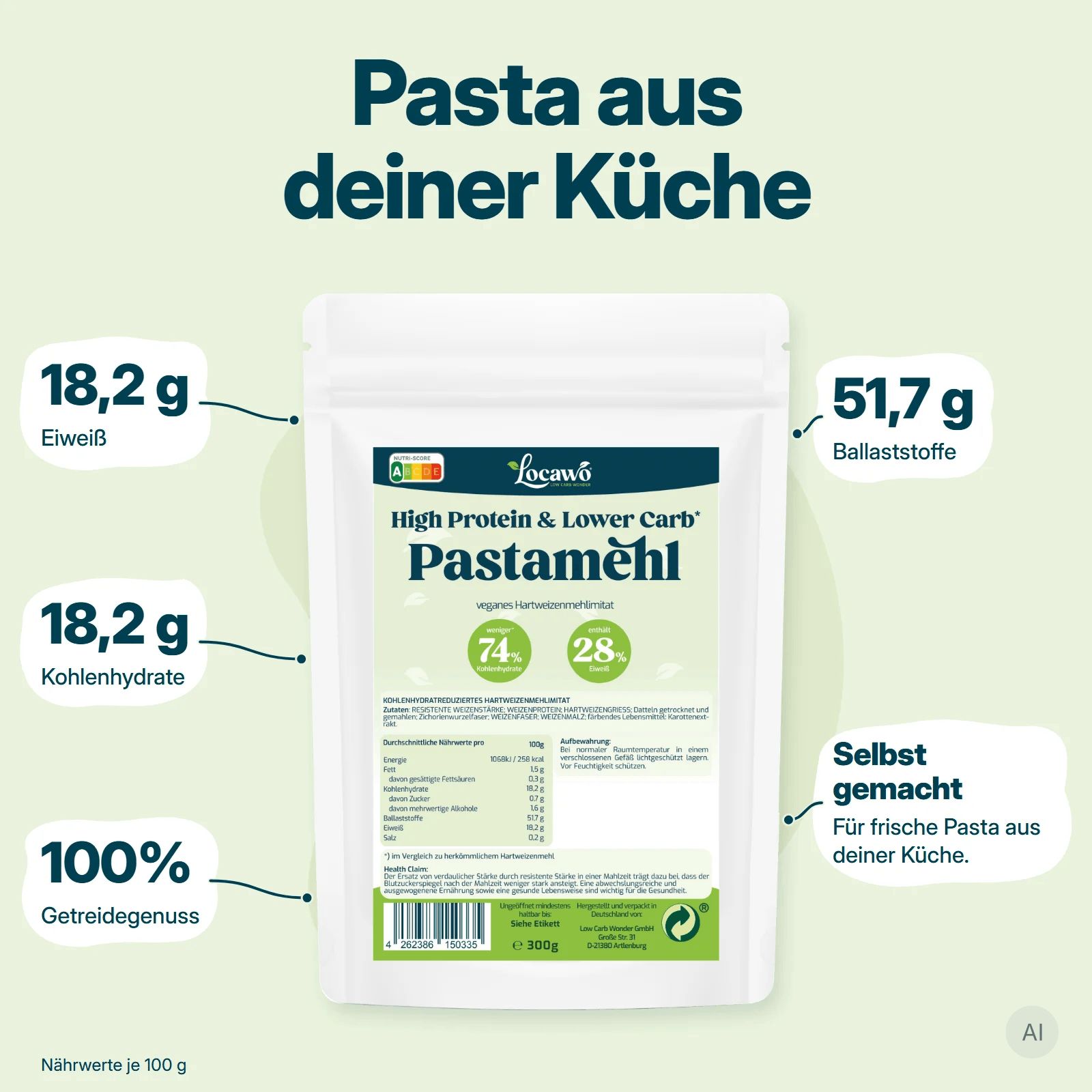 Una busta di farina per tutti gli usi Locawo High Protein & Lower Carb con informazioni nutrizionali.