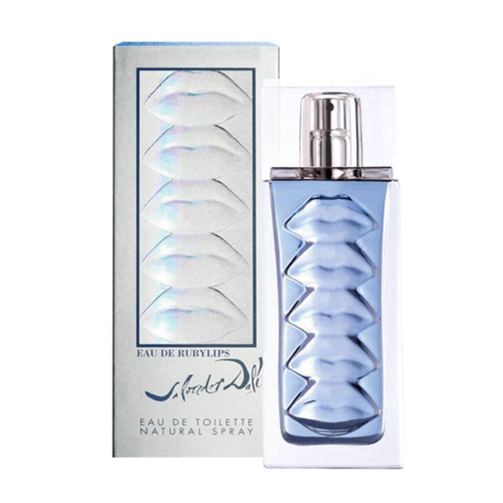 Spray Eau de Toilette con design labbra. Flacone e confezione con dettagli argentati. Scritta: Salvador Dali Ruby Lips.