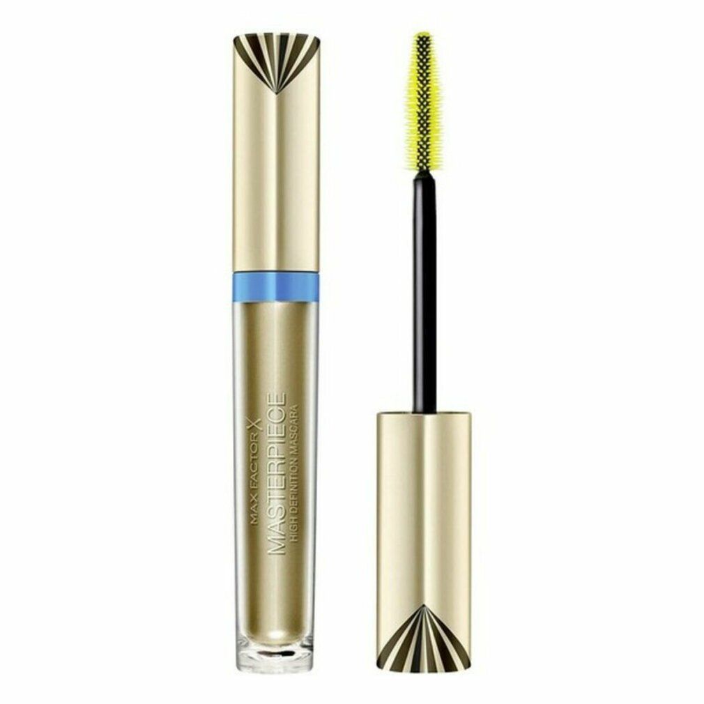 Tubo mascara dorato con anello blu. Scritta MASTERPIECE visibile. Spazzola con setole gialle. Tappo con motivo decorativo.