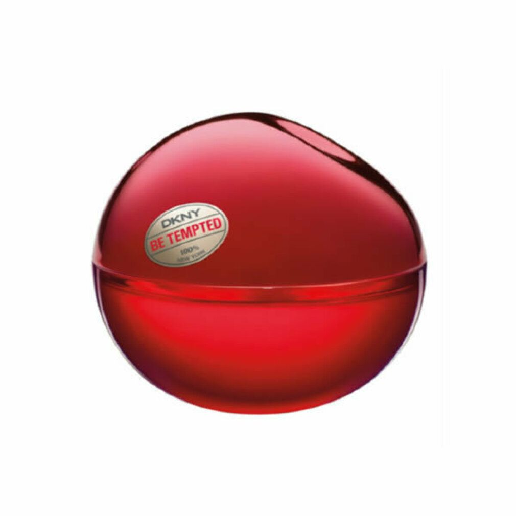 Flacone rosso a goccia. Superficie lucida. Adesivo DKNY e 'Be Tempted'. Nessun altro testo.