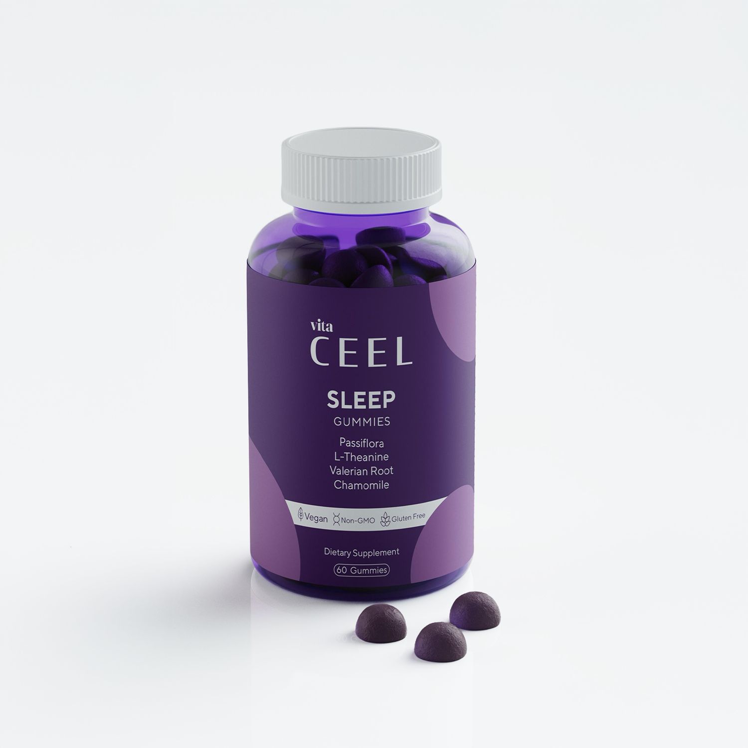 Flacone di Vita Ceel Sleep Gummies con informazioni dettagliate sull'etichetta e tre gummies.