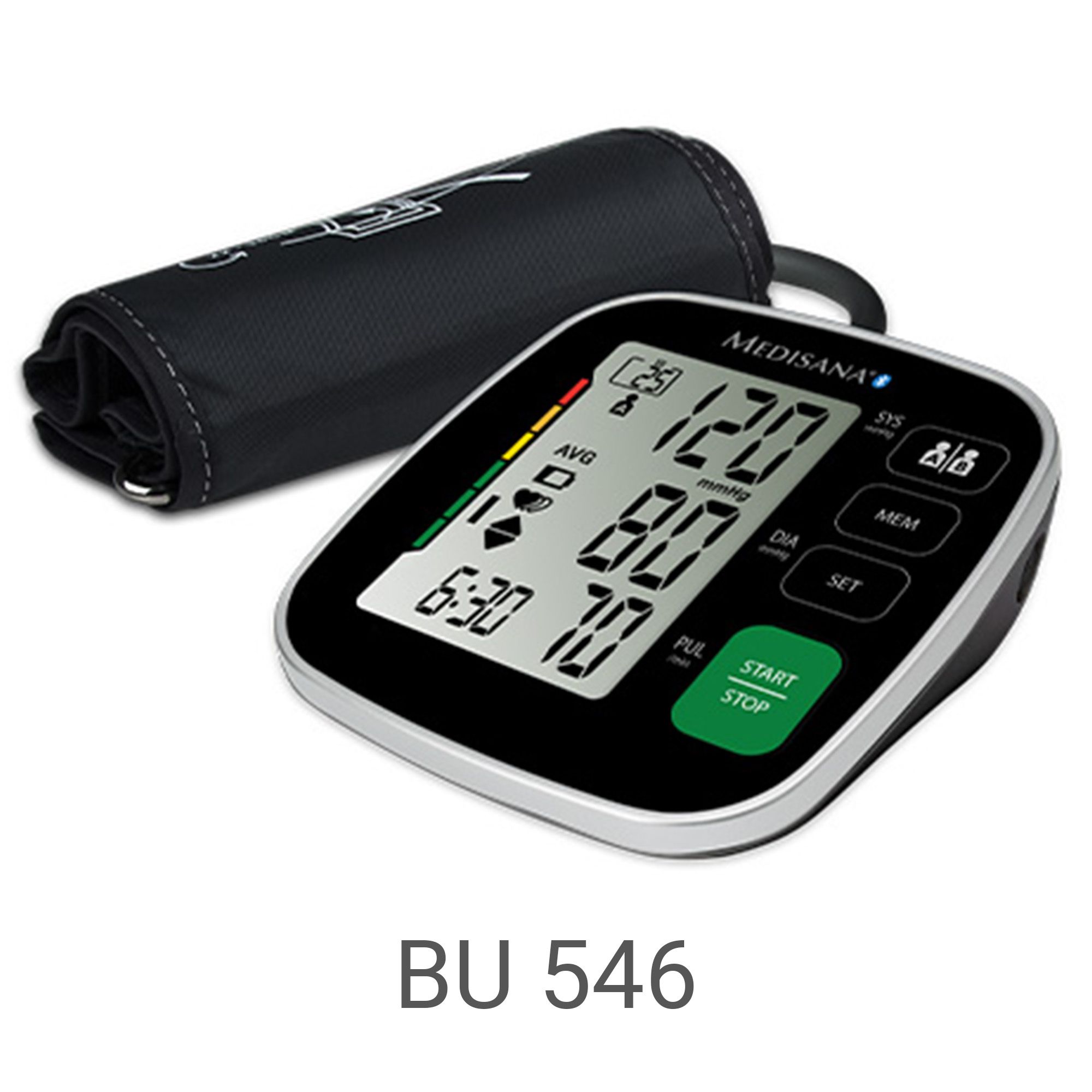Misuratore pressione Medisana BU 546 nero con bracciale e display digitale.