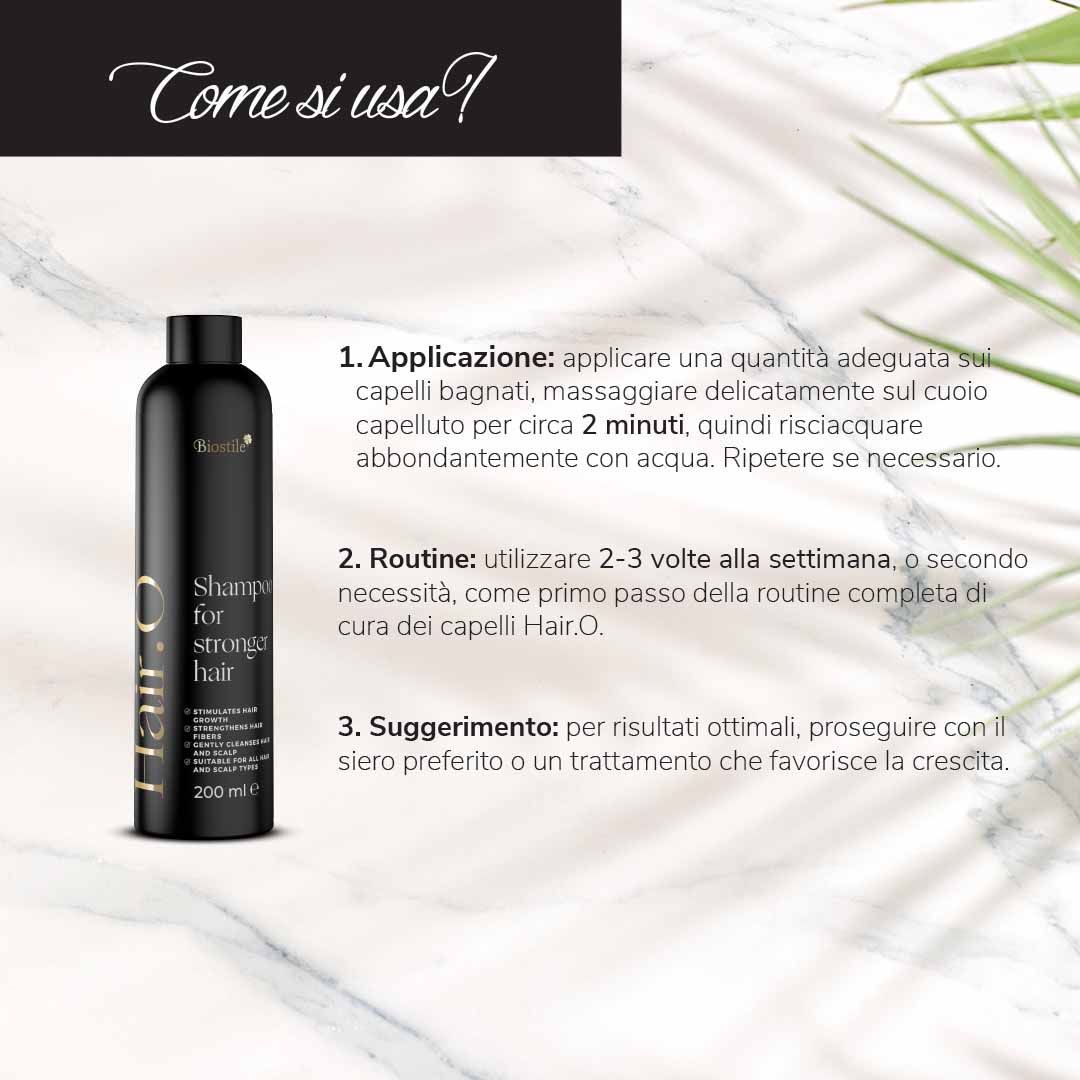 Utilizzo dello shampoo. Flacone nero con testo. Applicazione: Applicare sui capelli bagnati, massaggiare, risciacquare. 2-3 volte a settimana.