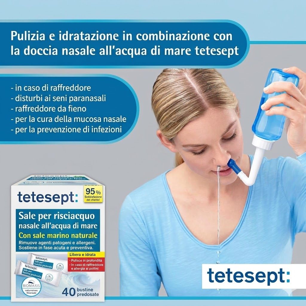 Confezione di tetesept Meerwasser Nasenspülsalz. Contiene 40 bustine. Testo: Con sale marino naturale. 95% soddisfazione.