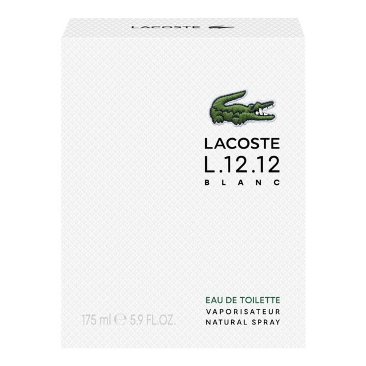 Confezione bianca con logo coccodrillo verde. Testo: Lacoste L.12.12 Blanc. Testo: Eau de Toilette, Natural Spray.