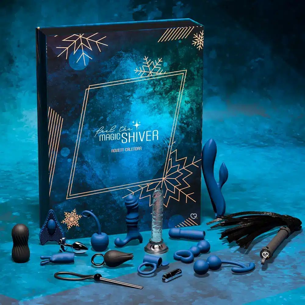 Calendario dell'Avvento con sex toys blu e neri. Scritta: Feel the Magic Shiver. Varie forme e dimensioni.