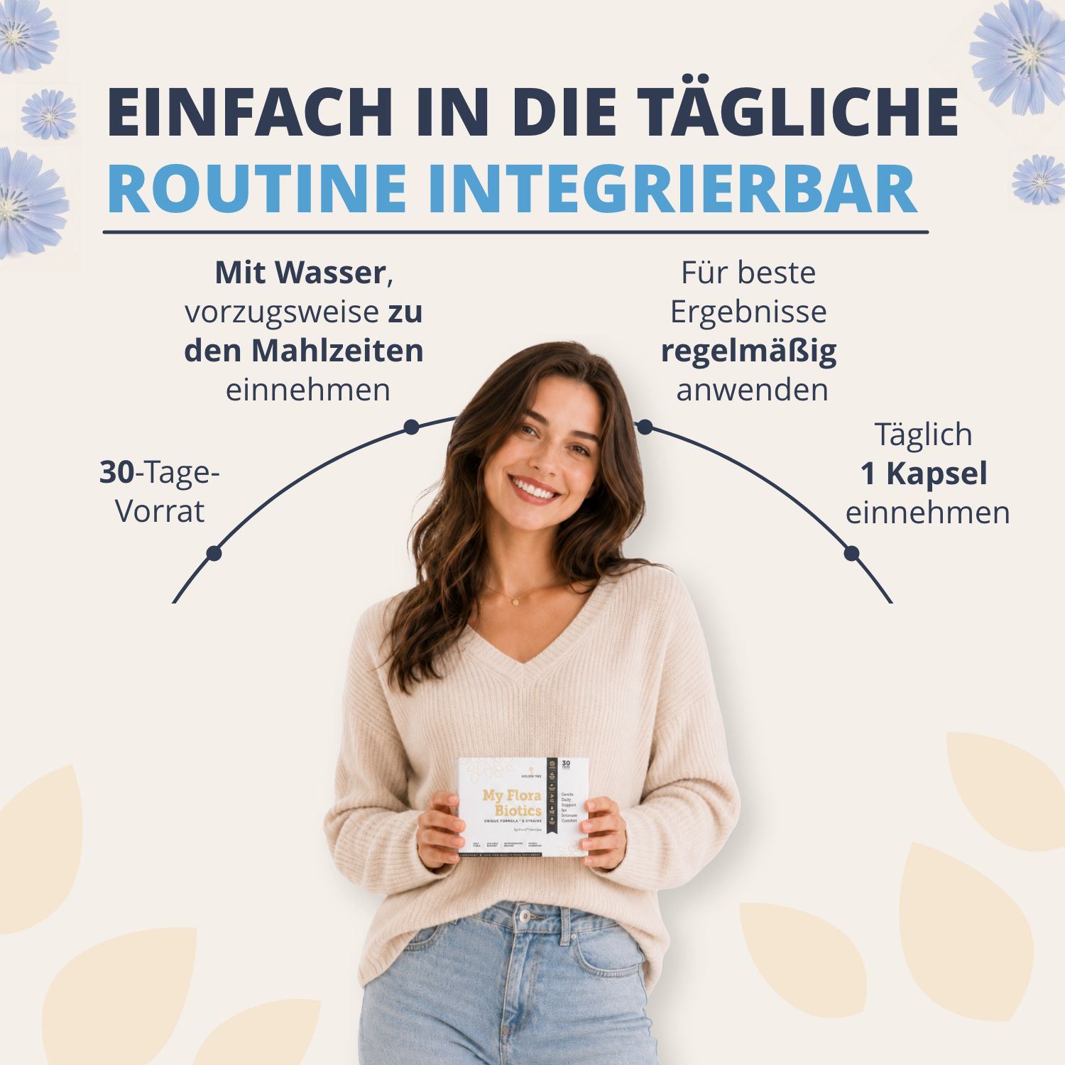 Donna tiene Golden Tree My Flora Biotics. Facile da integrare nella routine quotidiana.