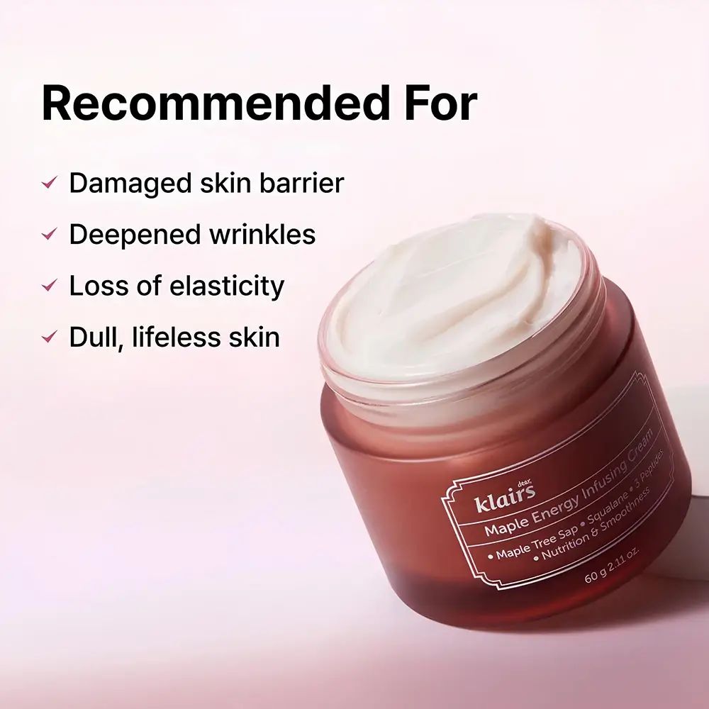 Barattolo di crema aperto con crema bianca. Testo: "Recommended For" ed elenco di problemi della pelle.