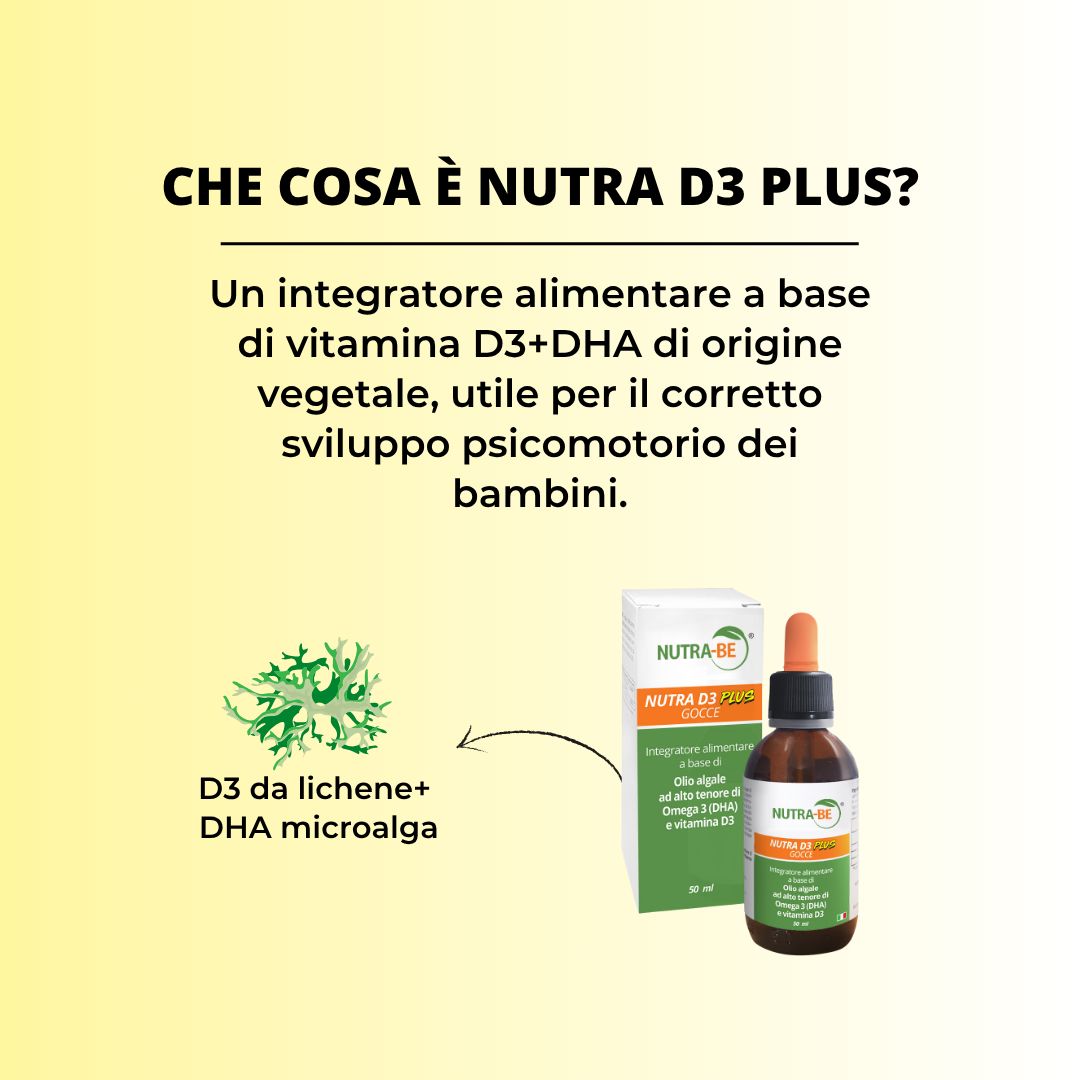 Prodotto con flacone e confezione. Testo: Cos'è Nutra D3 Plus? Integratore alimentare a base di vitamina D3+DHA.